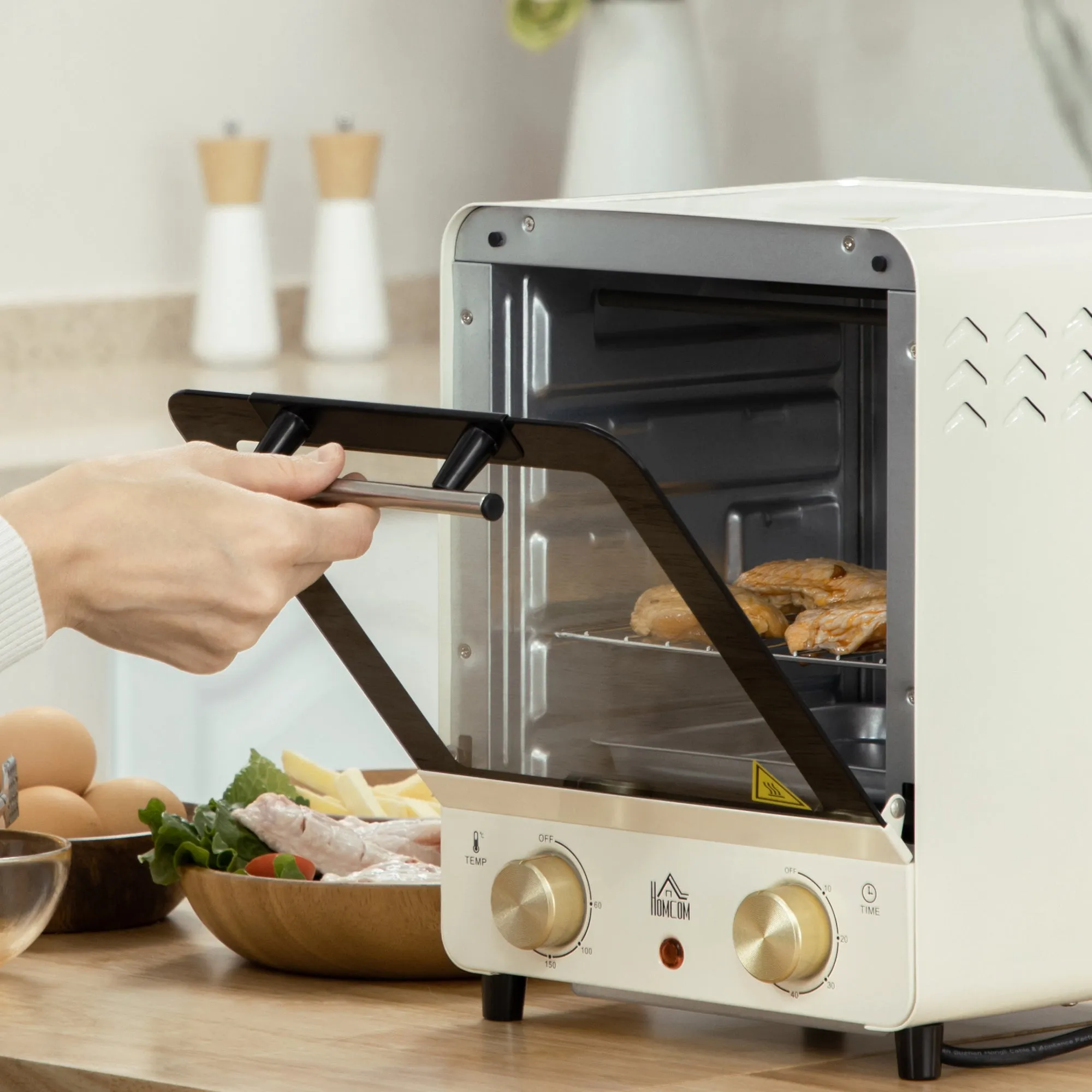 HOMCOM Convection Mini Oven, 15 Litres Electric Oven and Grill with 60-230? Adjustable Temperature, 60 Minute Timer, Include Baking Tray, Wire Rack and Crumb Tray, 1000W, Cream White