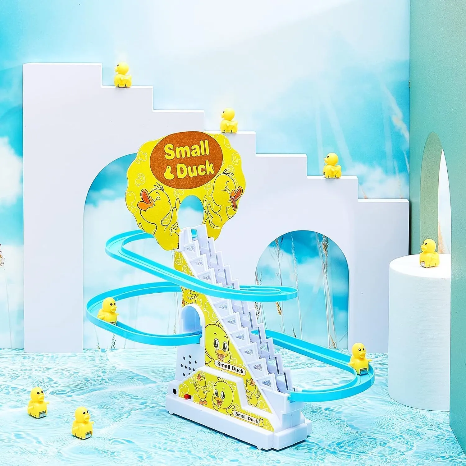 Kiddie Galaxia® Duck Track Toys Electric Ducks Chasing Race Track Game Set Playful Roller Coaster Toy 3 Duck LED Flashing Lights Music Button Fun Duck Stair Climbing Toy for Toddlers Kids