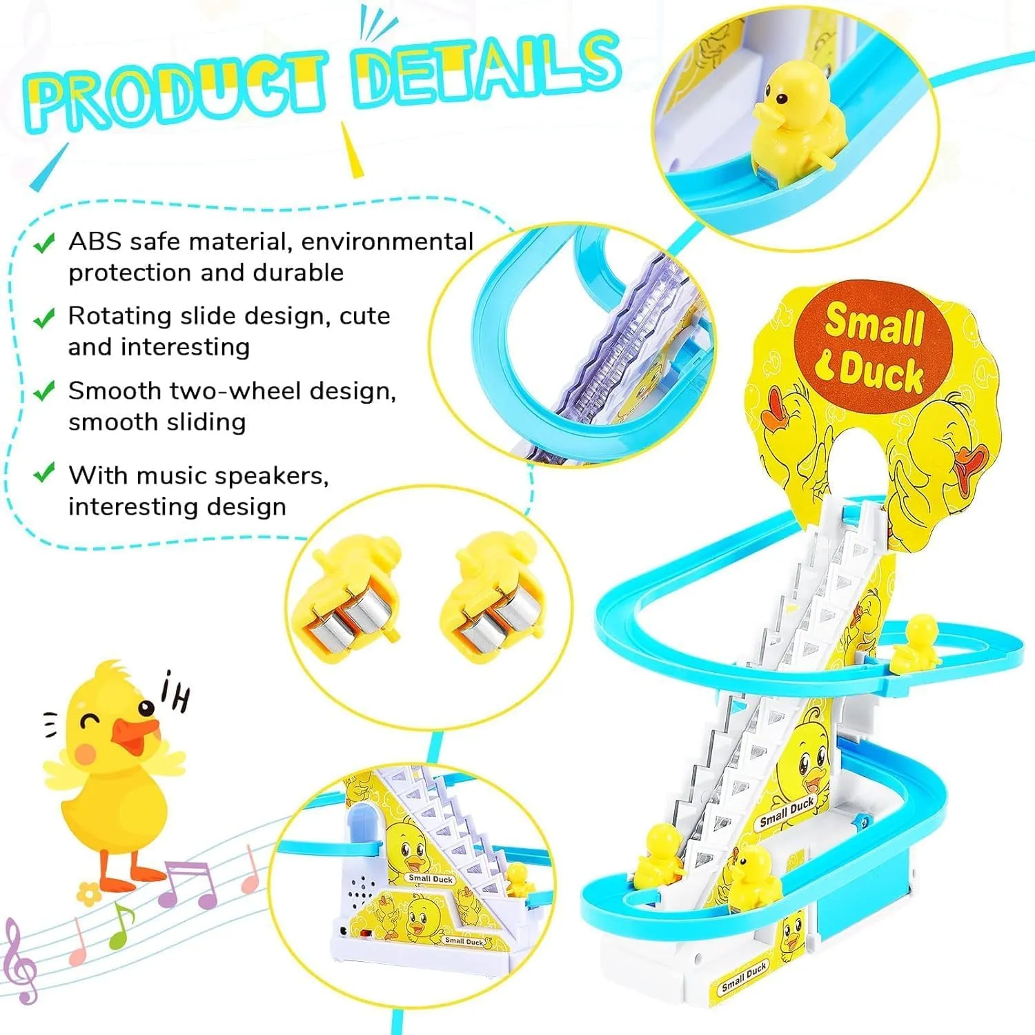 Kiddie Galaxia® Duck Track Toys Electric Ducks Chasing Race Track Game Set Playful Roller Coaster Toy 3 Duck LED Flashing Lights Music Button Fun Duck Stair Climbing Toy for Toddlers Kids