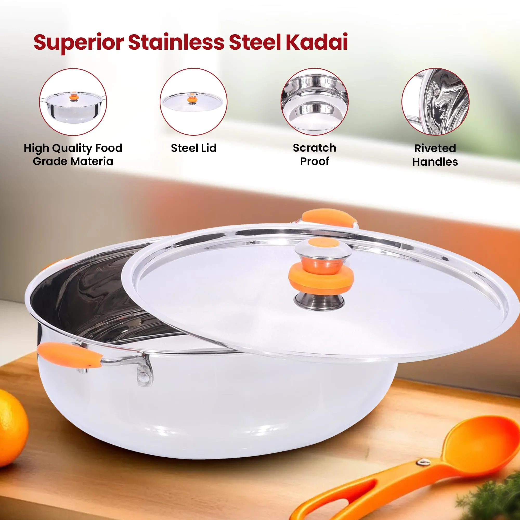 Kuber Industries 5.5L Stainless Steel Kadai for Cooking with Riveted Bakelite Handle & Lid | Deep Fry Cookware Wok for Kitchen | Kadhai Induction Base for Cooking Chinese | Silver