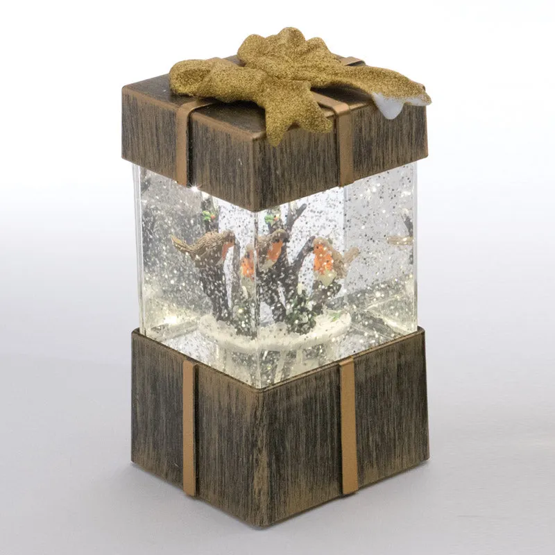 LED White Animated Bronze Gift Box With Robins Ornament 17cm