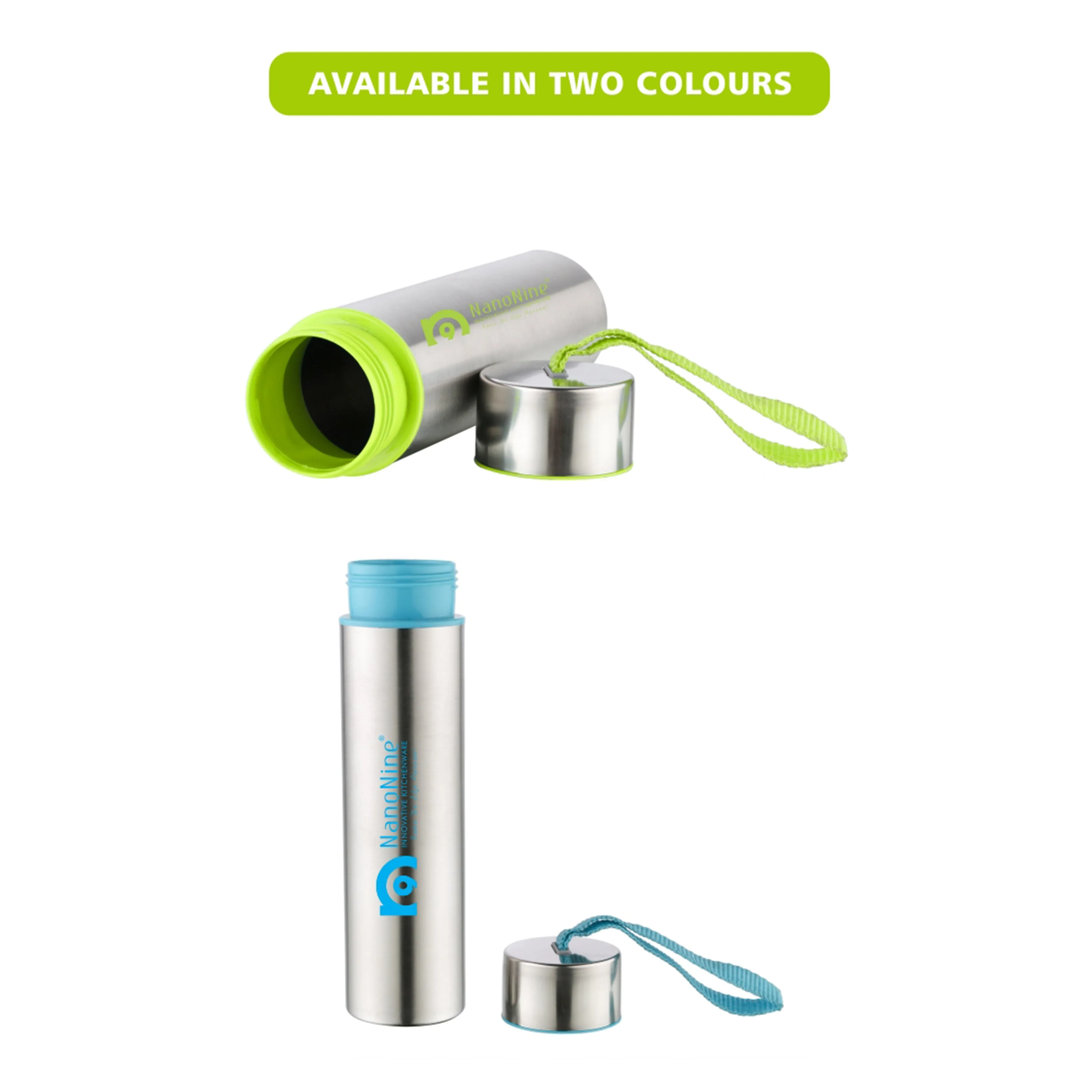 NanoNine Slim 300 ml X 2 Blue Single Wall Stainless Steel Fridge Water Bottle, Assorted Colour