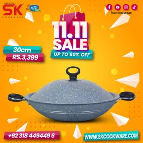 Non Stick Marble Coated Queen Wok (Karahi) - Grey