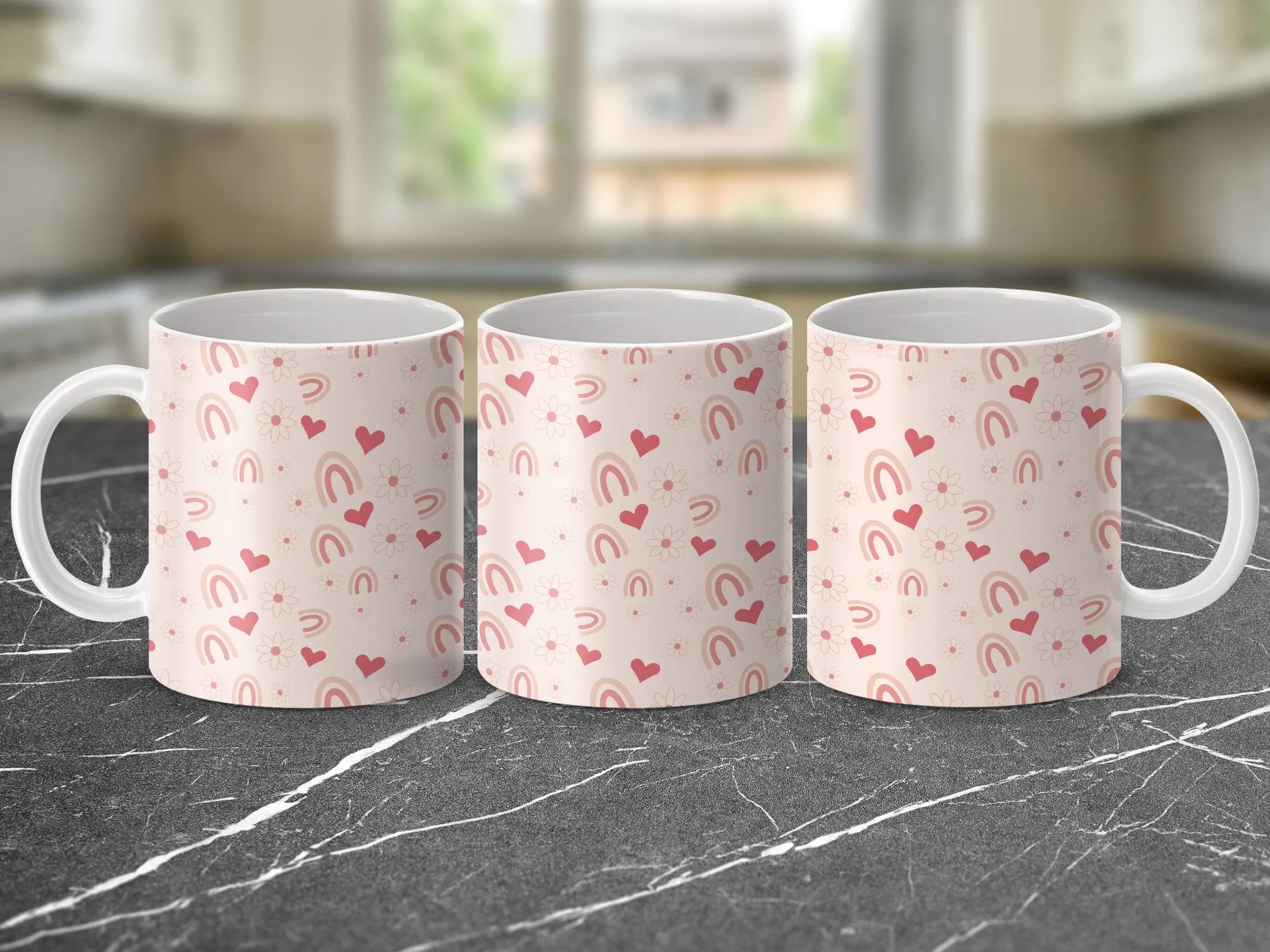 Pastel Pink Coffee Mug with Cute Hearts and Rainbows, Gift for Her, Birthday Present