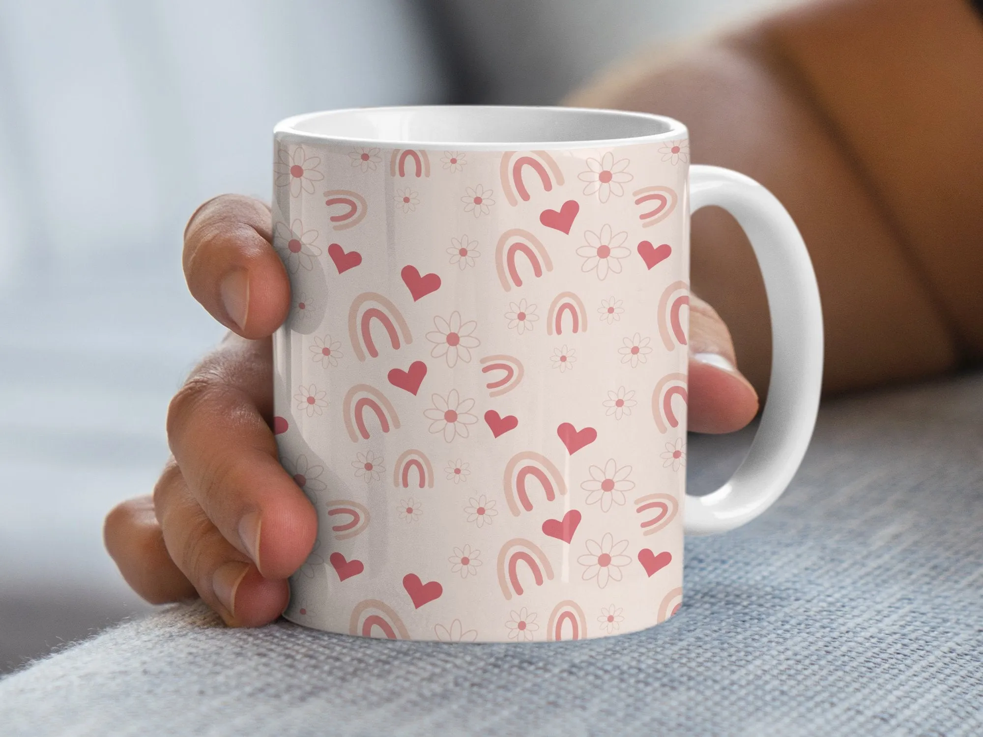 Pastel Pink Coffee Mug with Cute Hearts and Rainbows, Gift for Her, Birthday Present