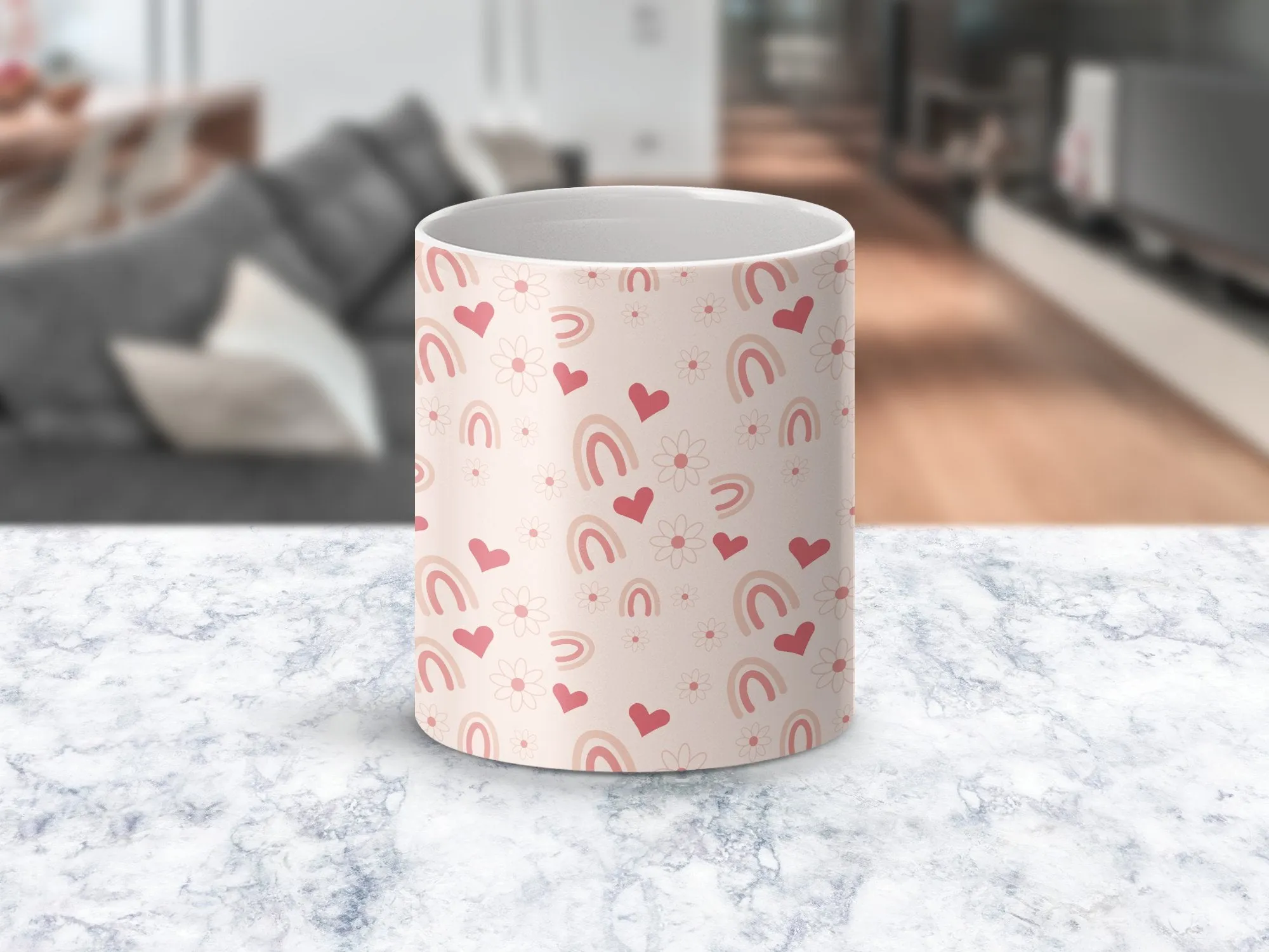 Pastel Pink Coffee Mug with Cute Hearts and Rainbows, Gift for Her, Birthday Present