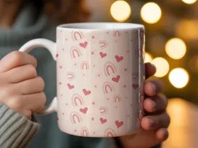 Pastel Pink Coffee Mug with Cute Hearts and Rainbows, Gift for Her, Birthday Present