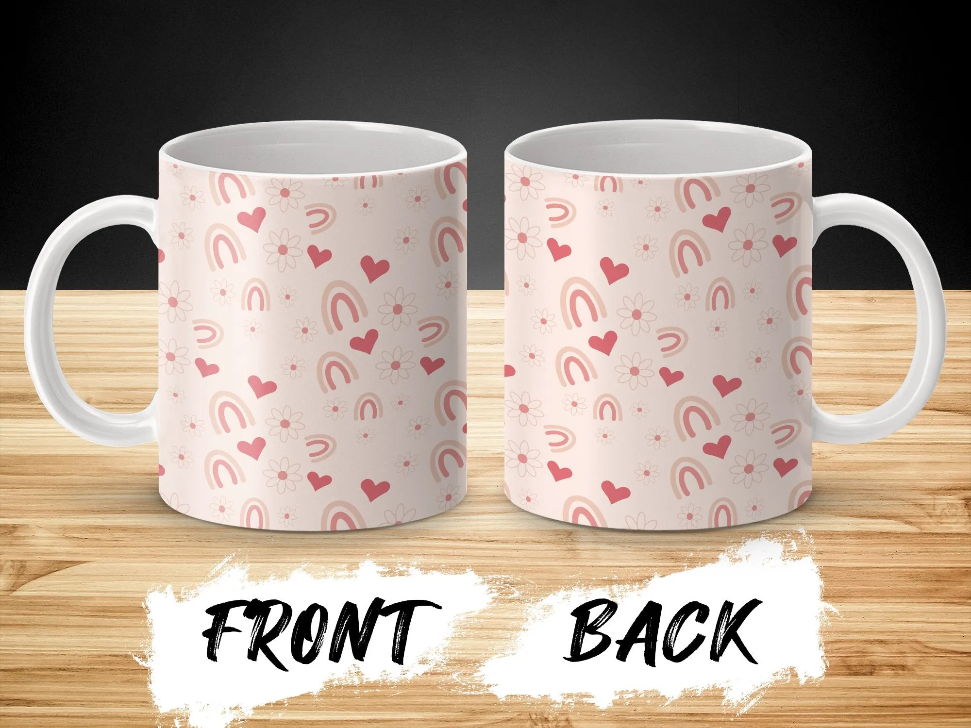 Pastel Pink Coffee Mug with Cute Hearts and Rainbows, Gift for Her, Birthday Present