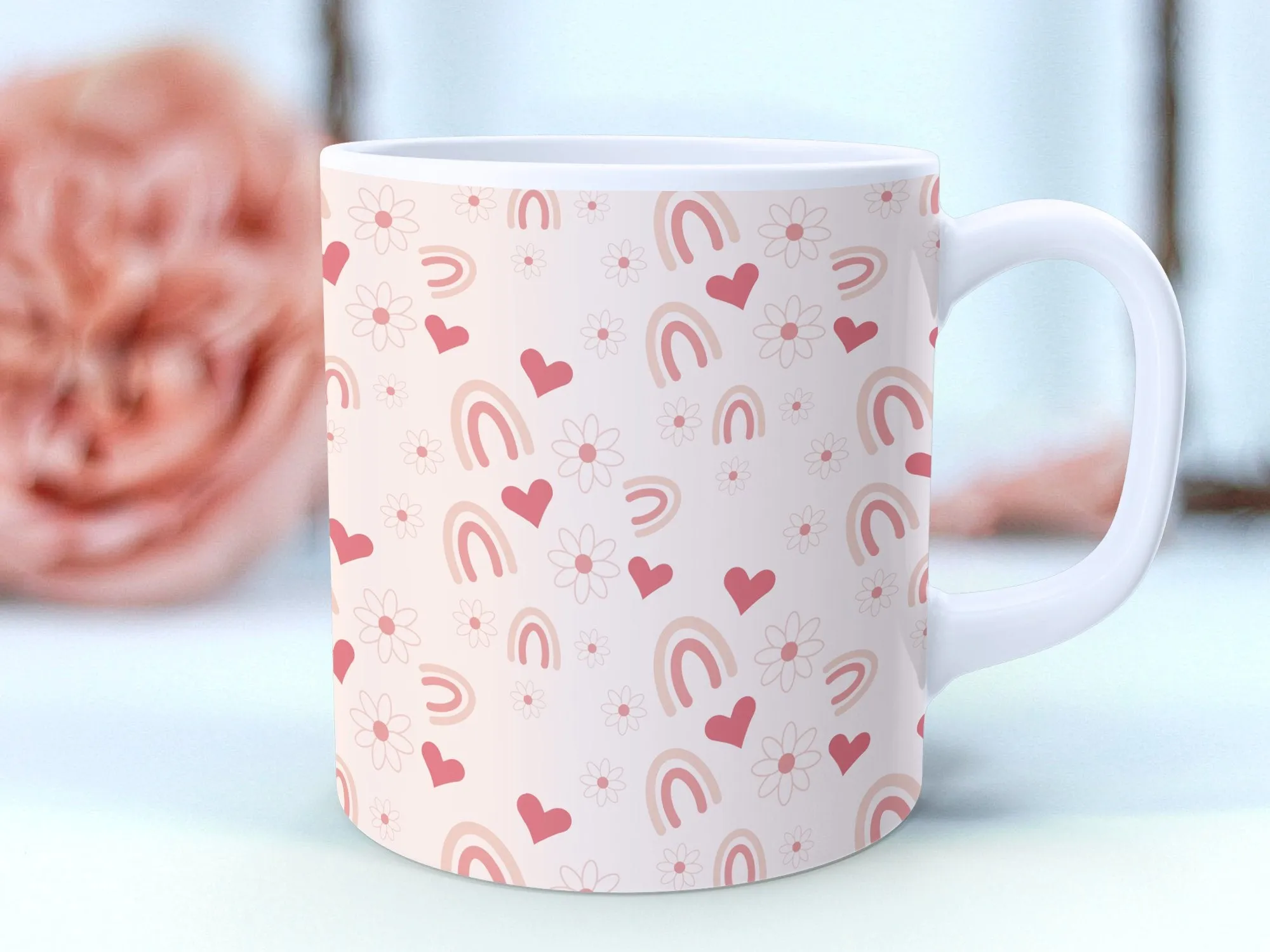 Pastel Pink Coffee Mug with Cute Hearts and Rainbows, Gift for Her, Birthday Present