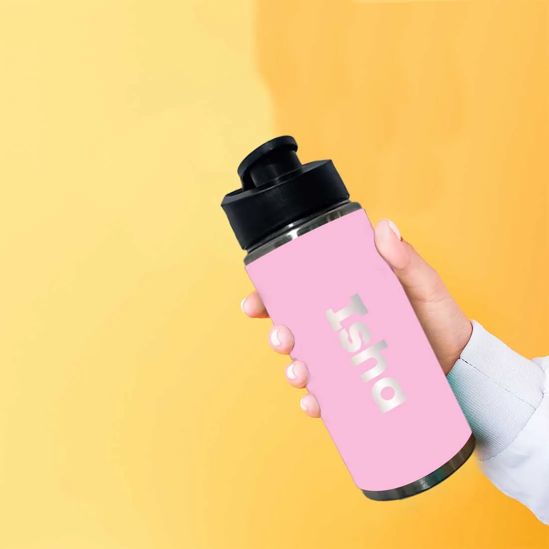 Personalised Pink Water Bottle With Name Pu Leather Stainless Steel Sipper Bottle For Girls (Gold & Silver)