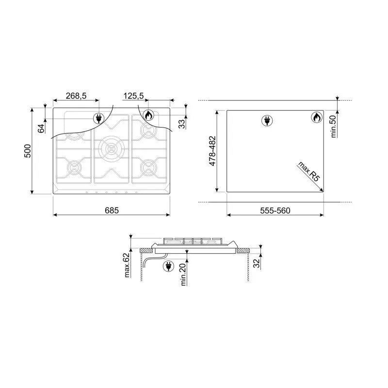 Piano Cottura A Gas Smeg SR775AO 5 Fuochi (L68,5xP50) Smaltato Antracite