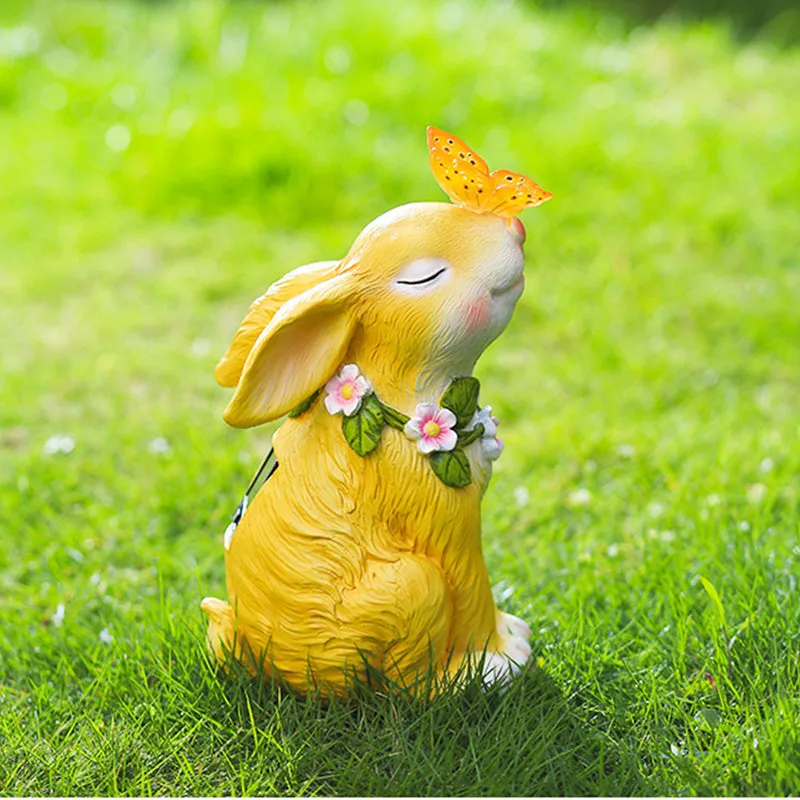 Rabbit Resin Outdoor Garden Statues with Solar Lamp