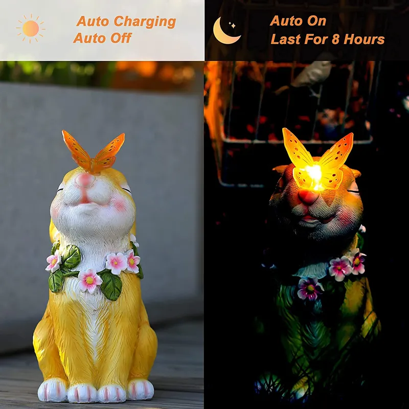 Rabbit Resin Outdoor Garden Statues with Solar Lamp