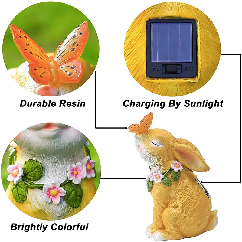 Rabbit Resin Outdoor Garden Statues with Solar Lamp