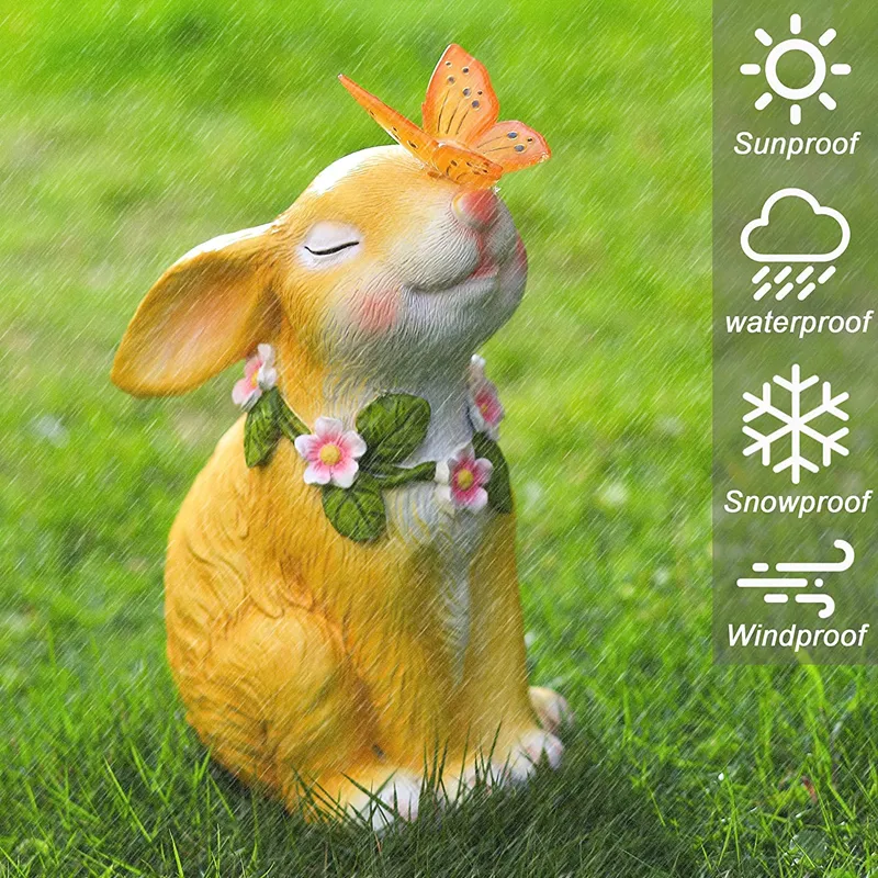 Rabbit Resin Outdoor Garden Statues with Solar Lamp