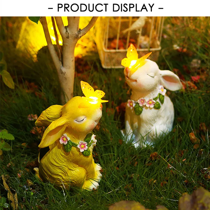 Rabbit Resin Outdoor Garden Statues with Solar Lamp