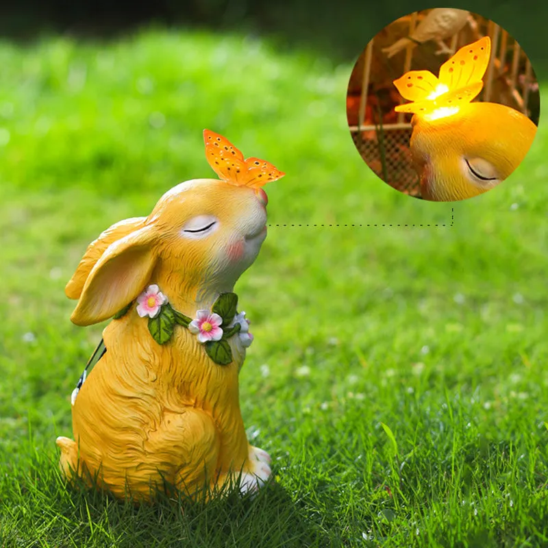 Rabbit Resin Outdoor Garden Statues with Solar Lamp