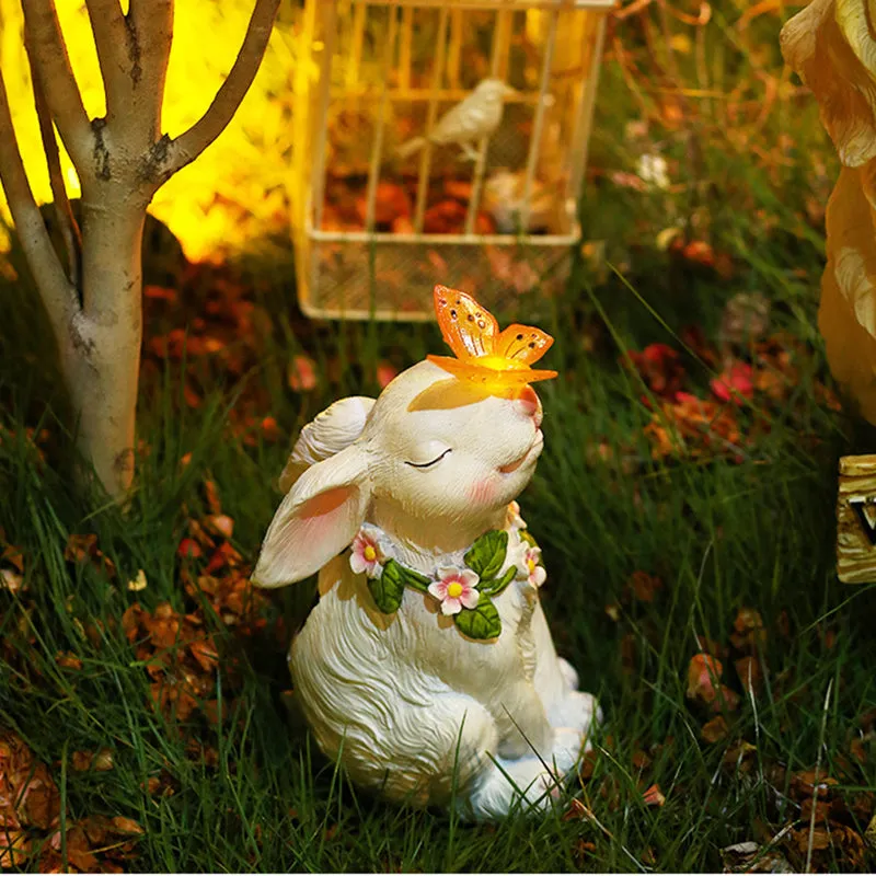 Rabbit Resin Outdoor Garden Statues with Solar Lamp