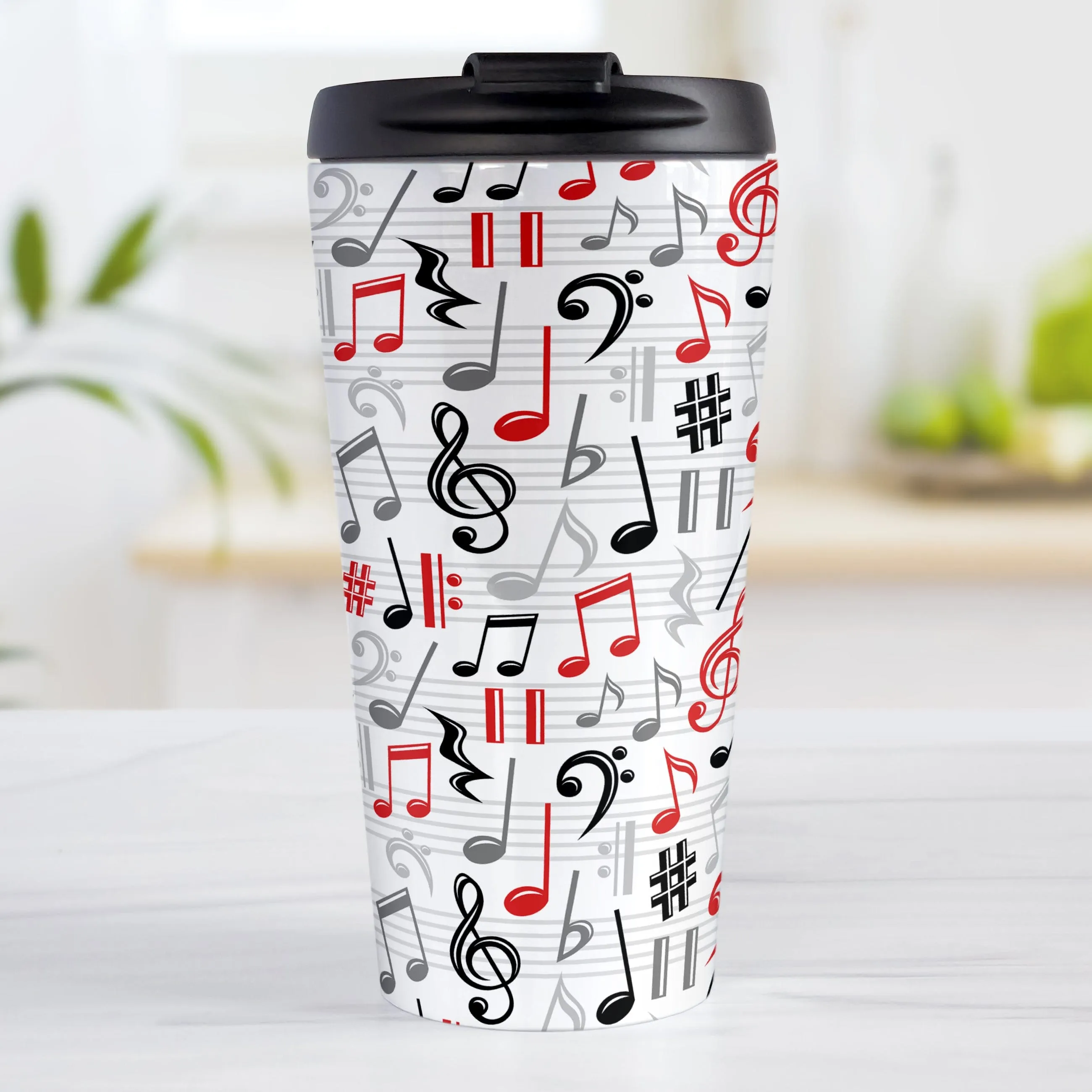 Red Music Notes Pattern Travel Mug