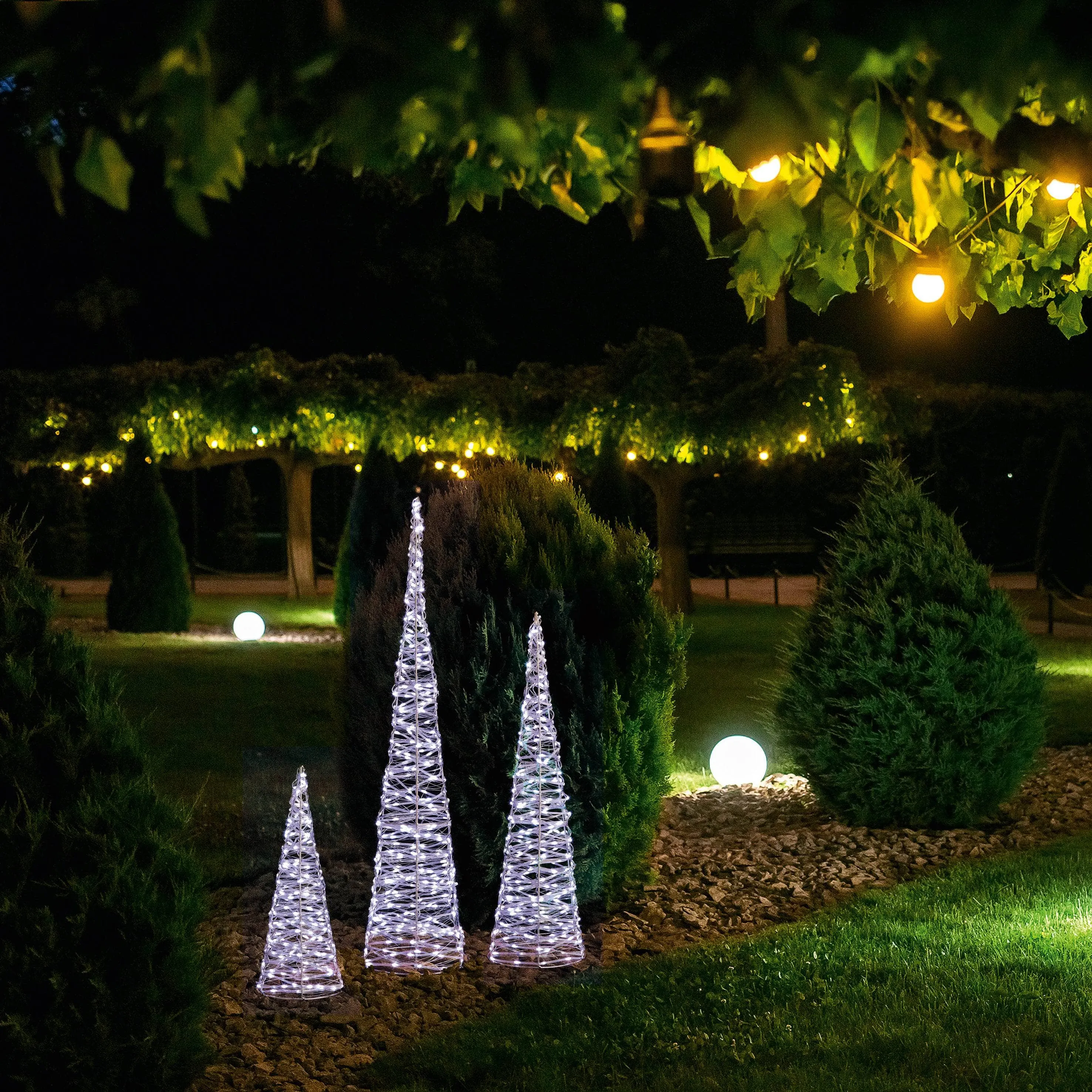 Set of 3 Silver Christmas Cones With 900 White LEDs