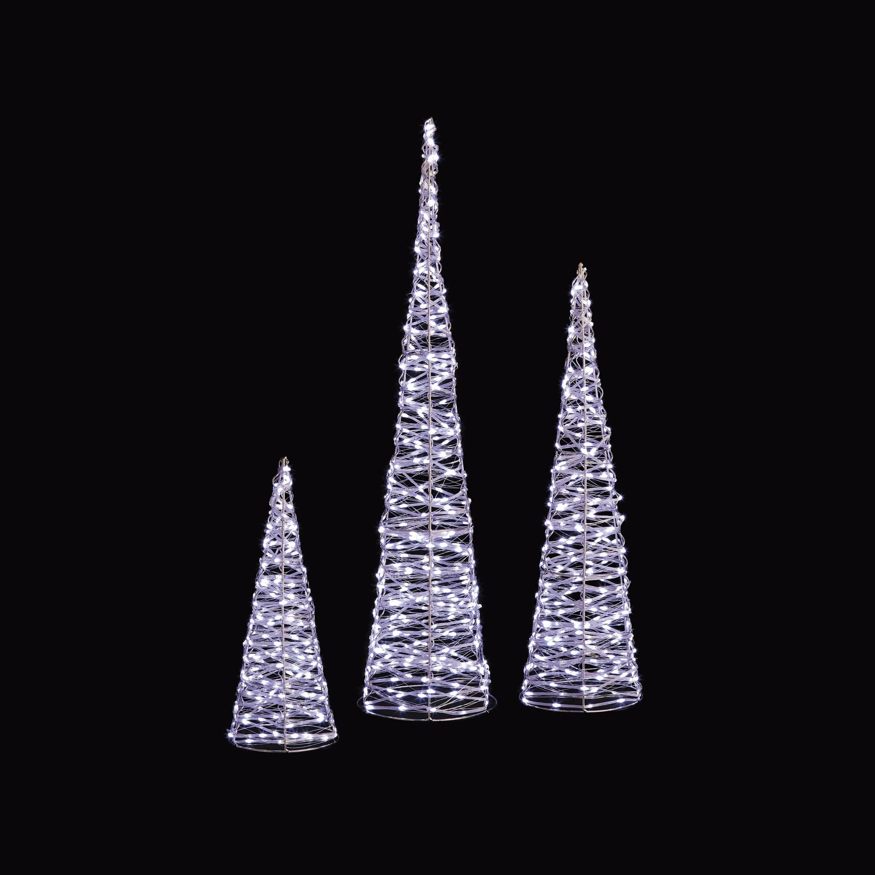 Set of 3 Silver Christmas Cones With 900 White LEDs