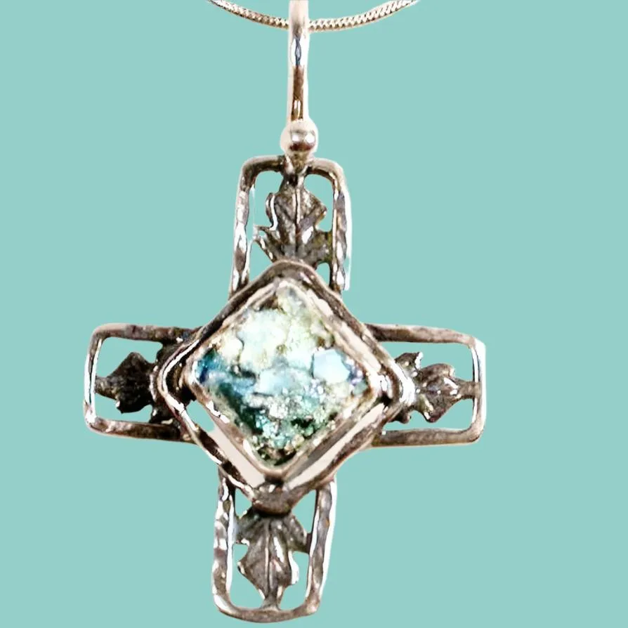 Sterling Silver Cross Roman Glass Necklace