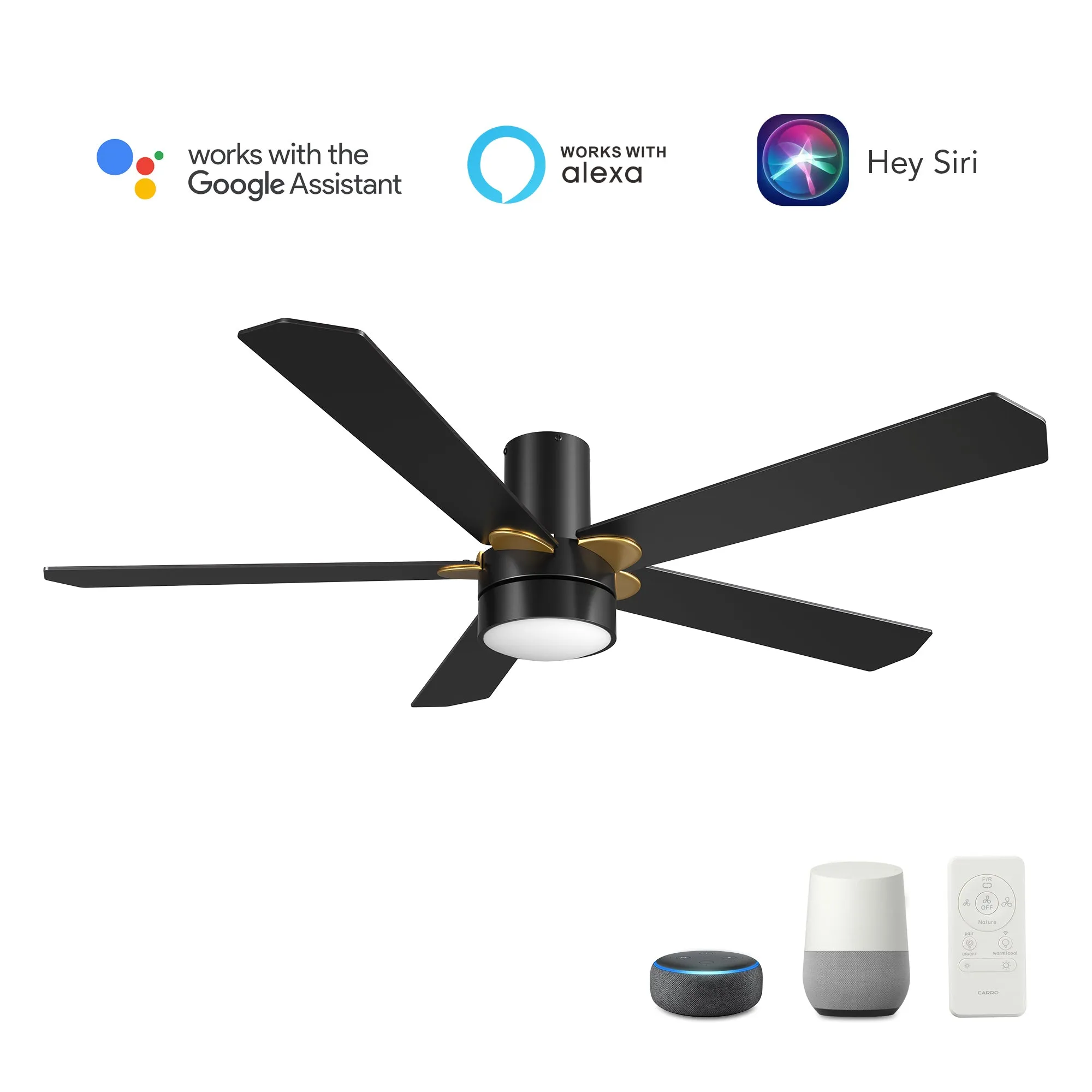 TAMPA 52 inch 5-Blade Flush Mount Smart Ceiling Fan with LED Light Kit & Remote- Black/Black