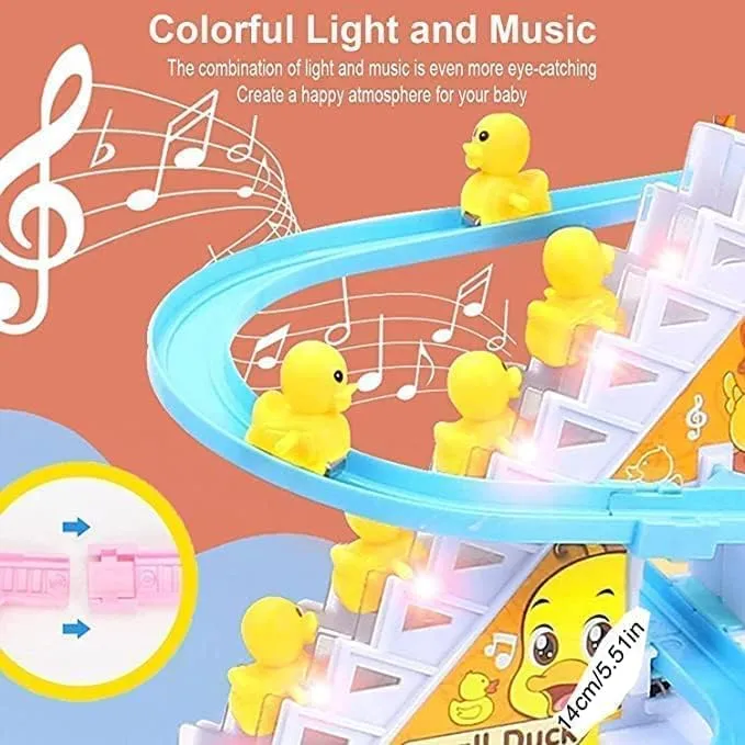 TEC TAVAKKAL Duck Slide Toy Set, Funny Automatic Stair-Climbing Ducklings Cartoon Race Track Set Little Lovely Duck Slide Toy Escalator Toy with Lights and Music (Duck Track Set)