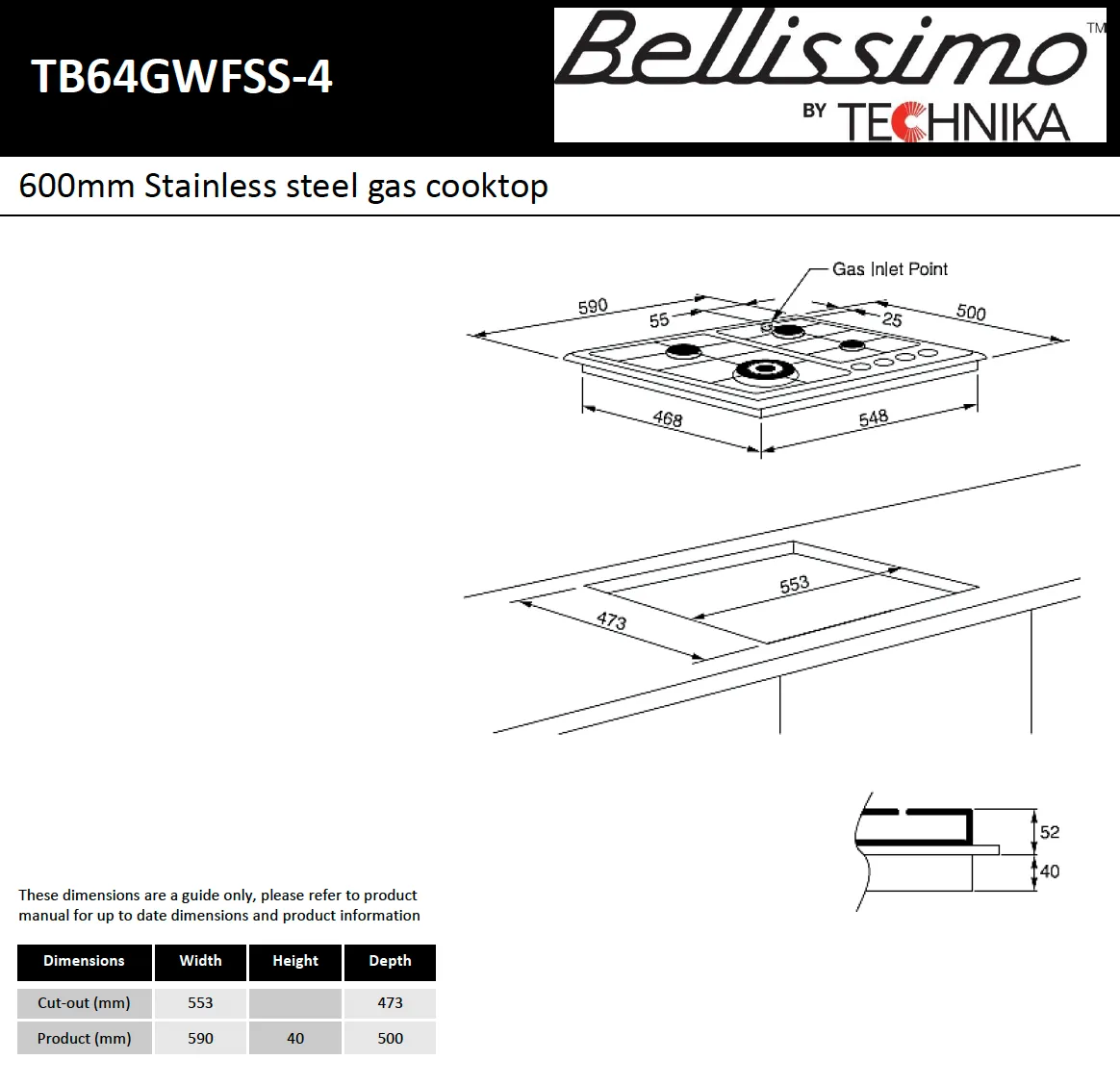 Technika TB64GWFSS-4 4 Burner Stainless Steel Gas Cooktop