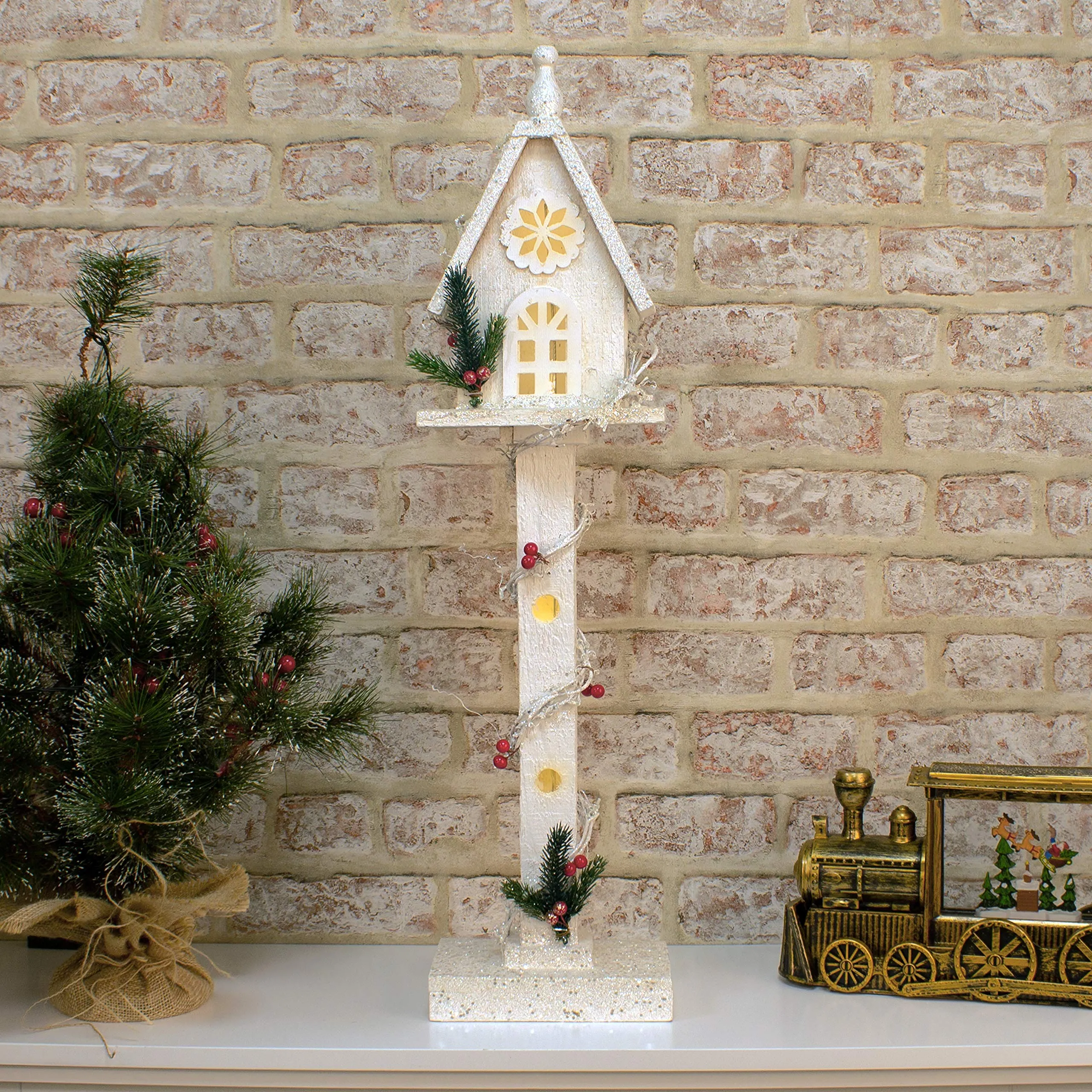 The Christmas Workshop 70099 Snow Topped White Wooden Treehouse | Indoor Christmas Decorations | 5 Warm LED’s | Battery Powered | 70cm x 17cm x 11cm, Wood, 70cm Tree House