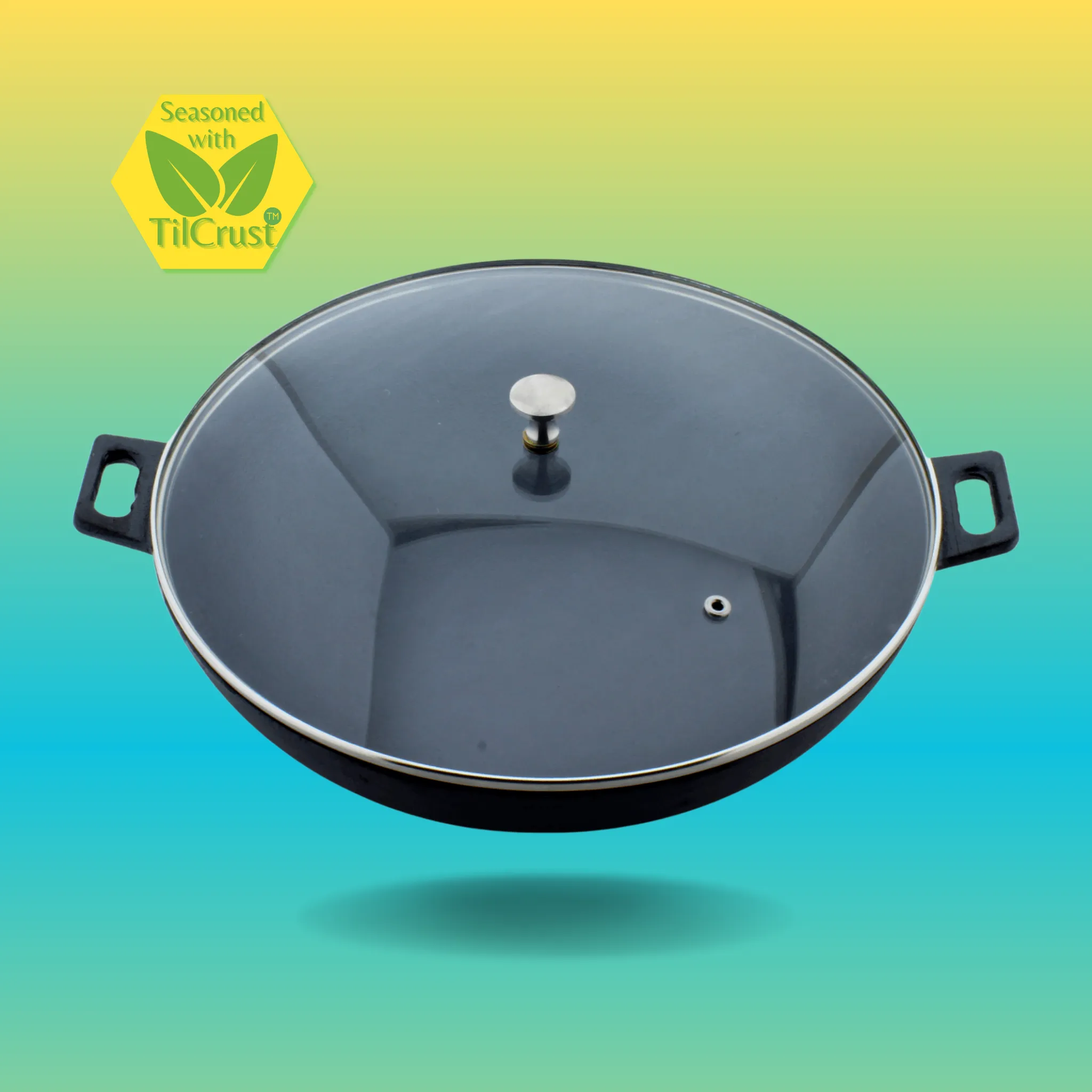 Trilonium Pre-Seasoned Cast Iron Kadai with lid, Sleek 3.5 Ltrs,  Diameter 30cms, 3 kgs