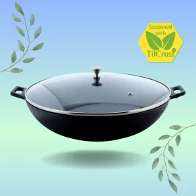 Trilonium Pre-Seasoned Cast Iron Kadai with lid, Sleek 3.5 Ltrs,  Diameter 30cms, 3 kgs