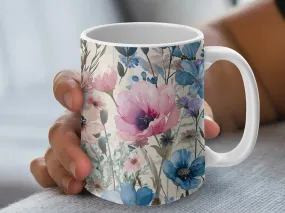 Watercolor Flower Pattern Coffee Mug, Floral Coffee Cup, 15 oz Mug, Cute Pink Coffee Mug Gift