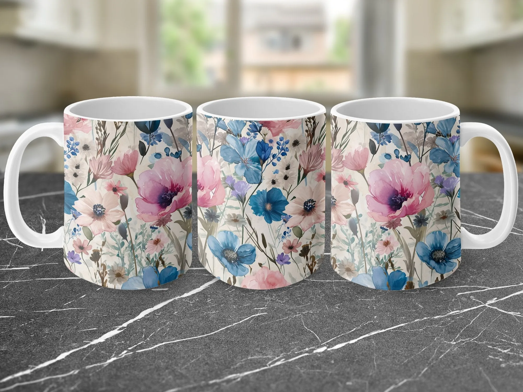 Watercolor Flower Pattern Coffee Mug, Floral Coffee Cup, 15 oz Mug, Cute Pink Coffee Mug Gift