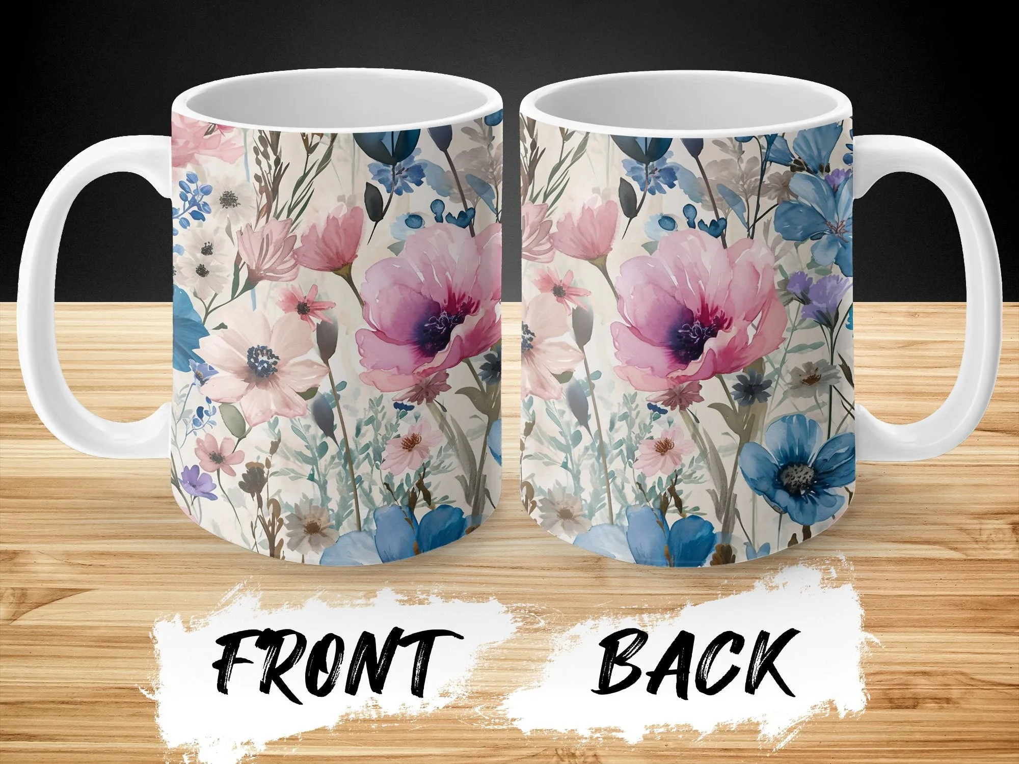 Watercolor Flower Pattern Coffee Mug, Floral Coffee Cup, 15 oz Mug, Cute Pink Coffee Mug Gift