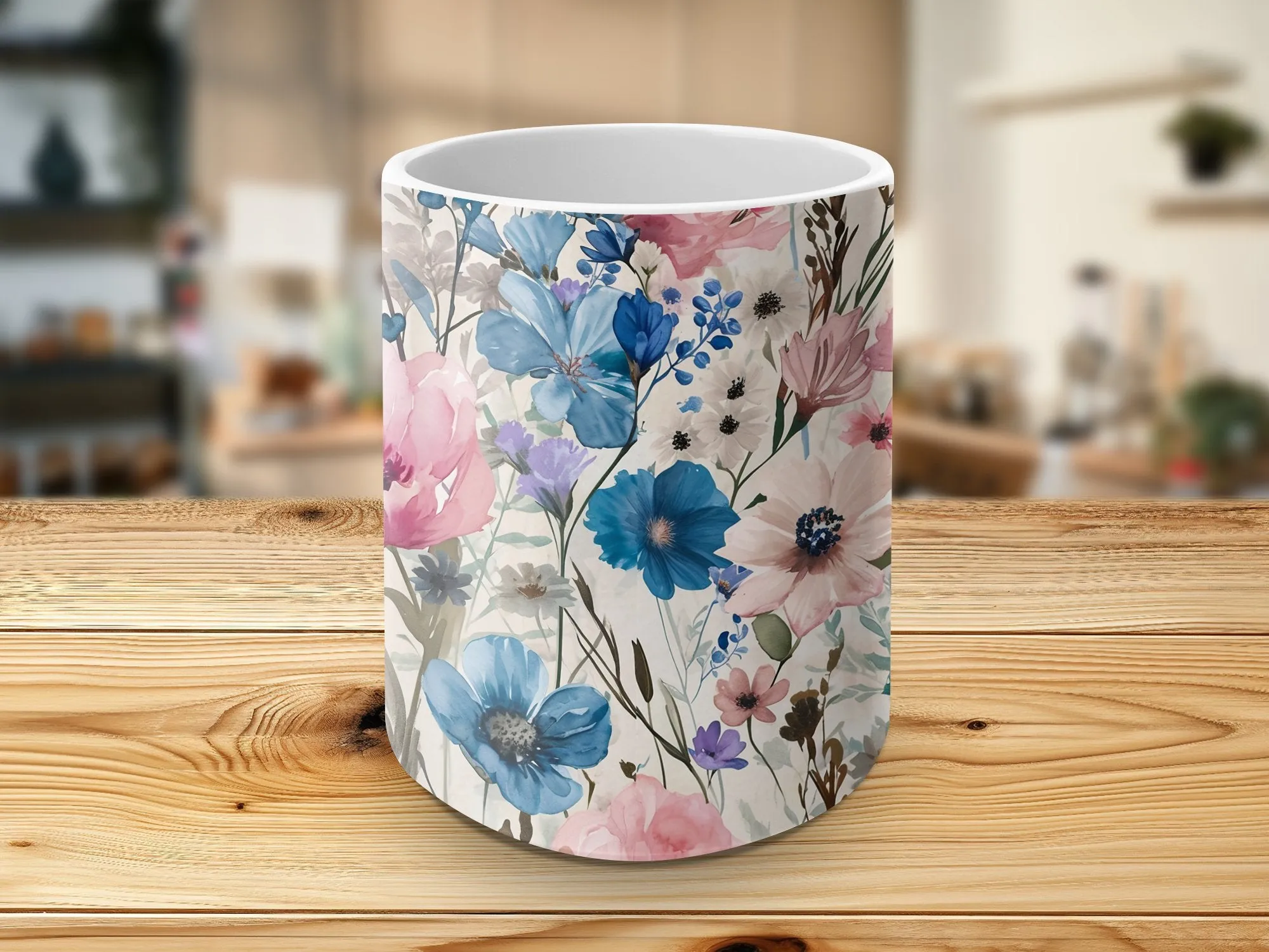 Watercolor Flower Pattern Coffee Mug, Floral Coffee Cup, 15 oz Mug, Cute Pink Coffee Mug Gift