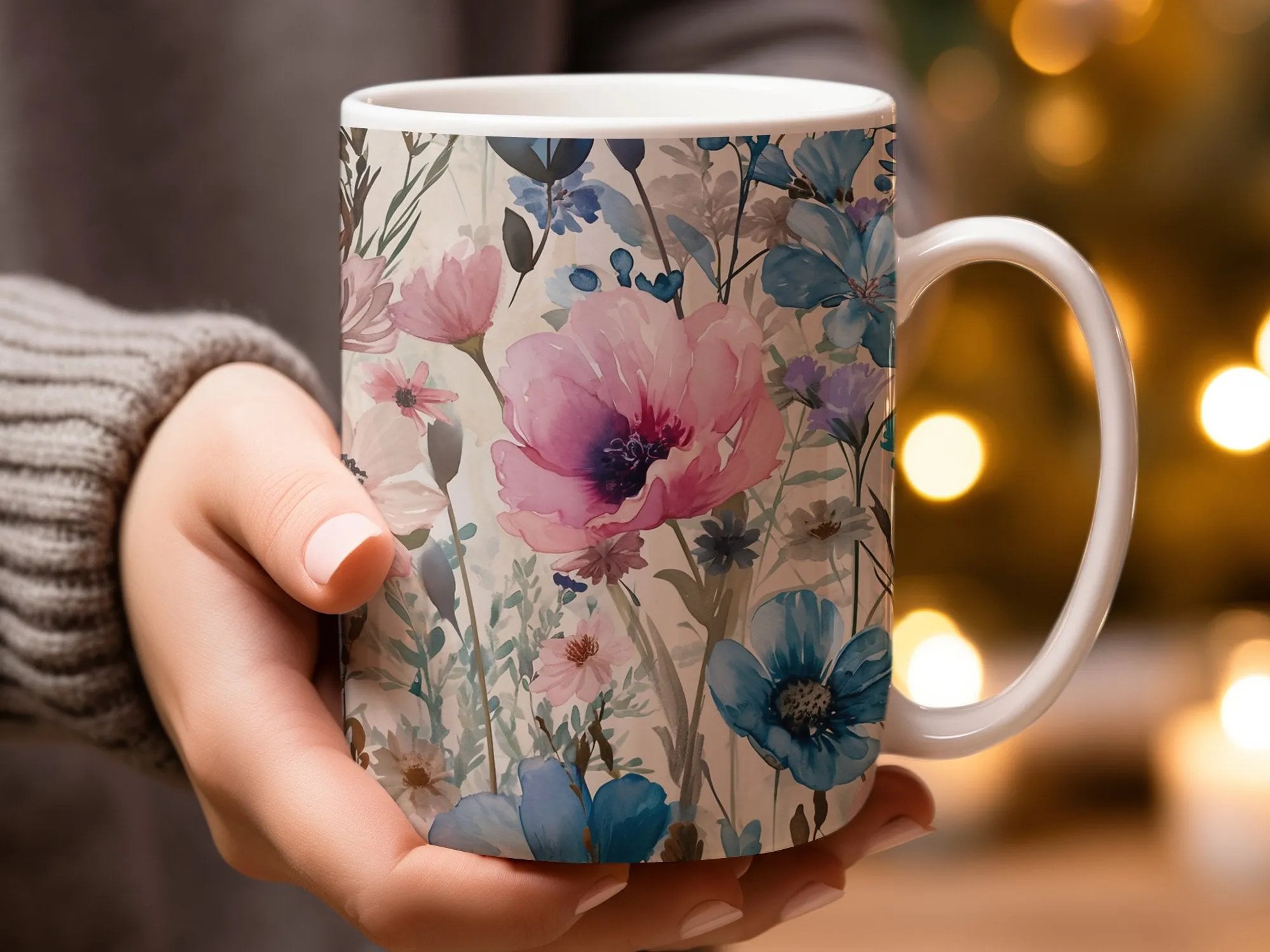 Watercolor Flower Pattern Coffee Mug, Floral Coffee Cup, 15 oz Mug, Cute Pink Coffee Mug Gift